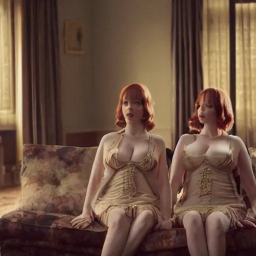 Image similar to a very surprised beautiful Christina Hendricks and her twin sister in the living room, film still from the movie directed by Denis Villeneuve with art direction by Salvador Dalí, wide lens