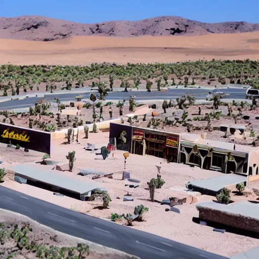 Prompt: A diorama of a shopping center in the middle of the desert