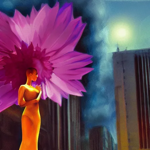 Image similar to giant flower under head, woman next to modern windows, luxury apartment, surreal photography, dramatic light, impressionist painting, digital painting, artstation, arthur adams