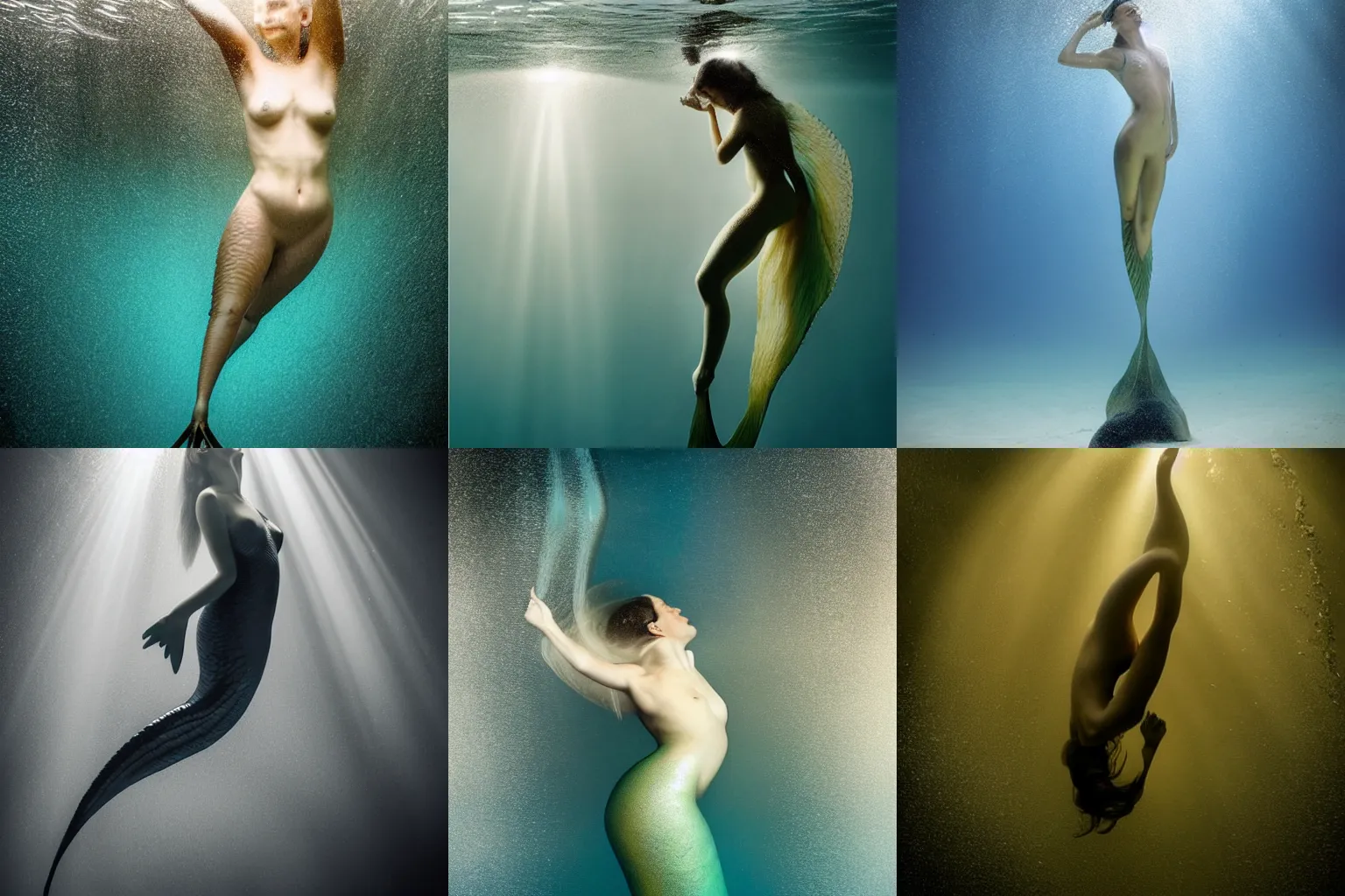 Prompt: award-winning photo of beautiful mermaid swimming undersea, light rays from above, in the style Olivier Valsecchi, Ruediger Beckmann, Larry Woodmann, high definition