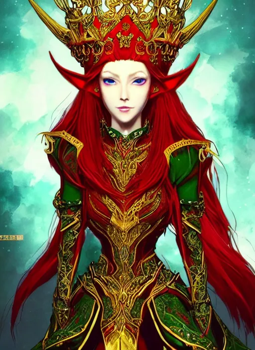 Image similar to Full body portrait of a beautiful red haired elven queen wearing red, green and gold ceremonial queen dress and elaborate golden crown. In style of Yoji Shinkawa and Hyung-tae Kim, trending on ArtStation, dark fantasy, great composition, concept art, highly detailed.