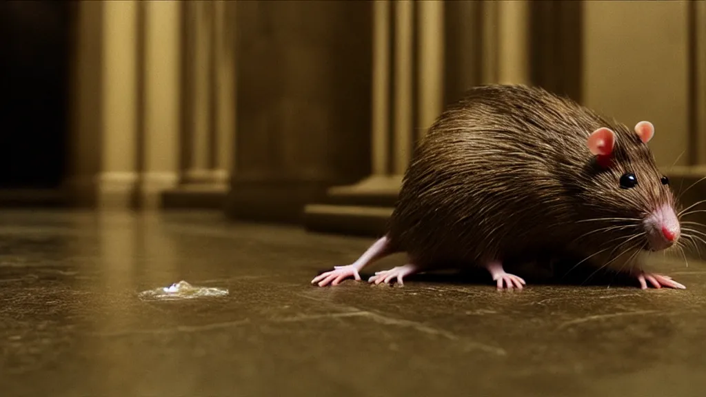 Image similar to the strange rat in city hall, made of wax and water, film still from the movie directed by Denis Villeneuve with art direction by Salvador Dalí, wide lens