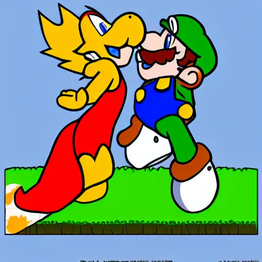 Prompt: super mario kissing bowser