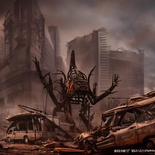 Image similar to giant dieselpunk ant in a destroyed city, 8 k, moody lighting, shallow depth of field,