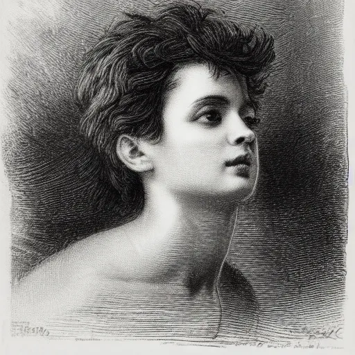 Image similar to extreme close-up, black and white, portrait of a young Drake, marie laforet, Gustave Dore lithography