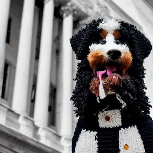 Image similar to a closeup photorealistic photograph of a cute smiling knitted bernedoodle judge dog dressed in a black gown, presiding over the courthouse. indoors, professional capture, well lit shot. this 4 k hd image is trending on artstation, featured on behance, well - rendered, extra crisp, features intricate detail, epic composition and the style of unreal engine.