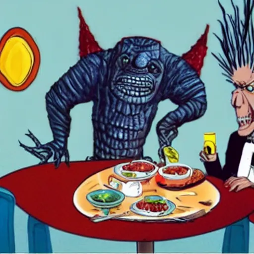 Image similar to pinhead eating breakfast, while xenophobic creature flies