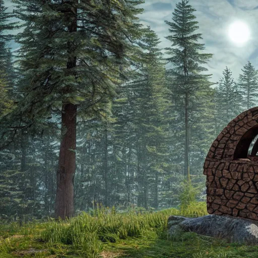 Image similar to an old lost Celtic ark made of stones, surrounded by a forest of tall pine trees, a mountain in the background, cloudy but bleu sky, photorealism, render with unreal engine, anamorphic lens flare, details, HD, 8k, cinematic