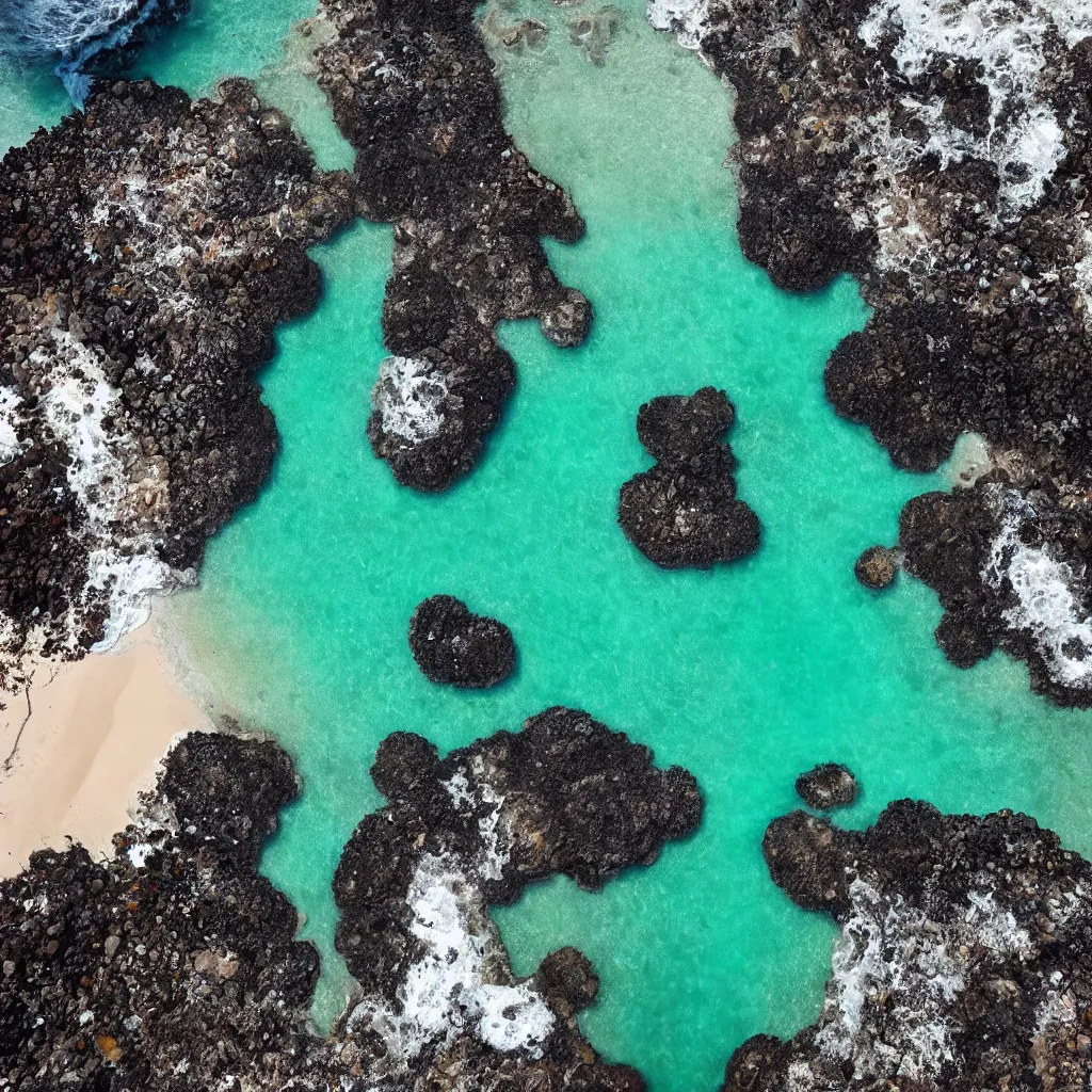 Image similar to birds eye view tide pools, clear pools of water with swirling sea foam, dark black smooth obsidian boulders, floating kelp, small fishes, octopus