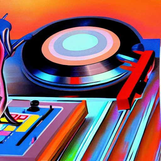 Image similar to painting of a dj mixing, trending on art station, deco art