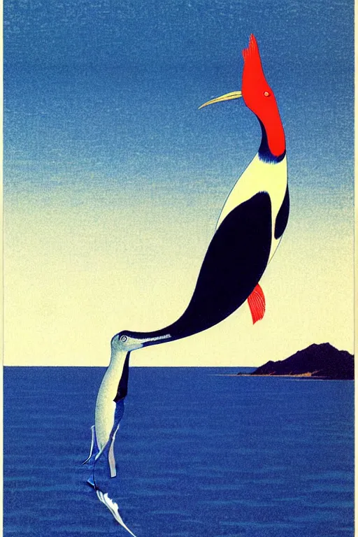 Prompt: a bird with a fish in its beak stood on blurry ground made of smooth water like paint, by kawase hasui, moebius and edward hopper, vivid bright light, colorful flat surreal design, hd, 4 k, artstation