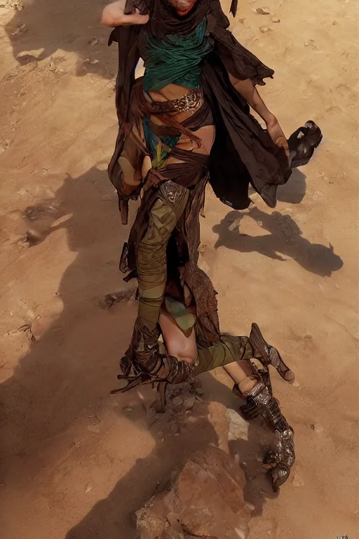 Image similar to a full body portrait of a beautiful post apocalyptic offworld desert bedouin thief savage rogue in beggars clothes in ballet pose by the emerald oasis pools, intricate, elegant, highly detailed, digital painting, artstation, concept art, smooth, sharp focus, illustration, art by krenz cushart and artem demura and alphonse mucha