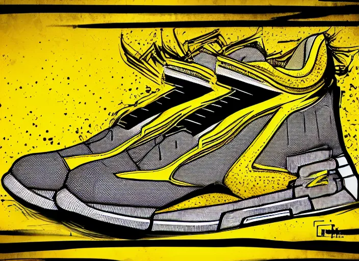 Image similar to sneaker concept, wth short golden lines, yellow details, highly detailed, digital art, sharp focus, trending on art station, anime art style