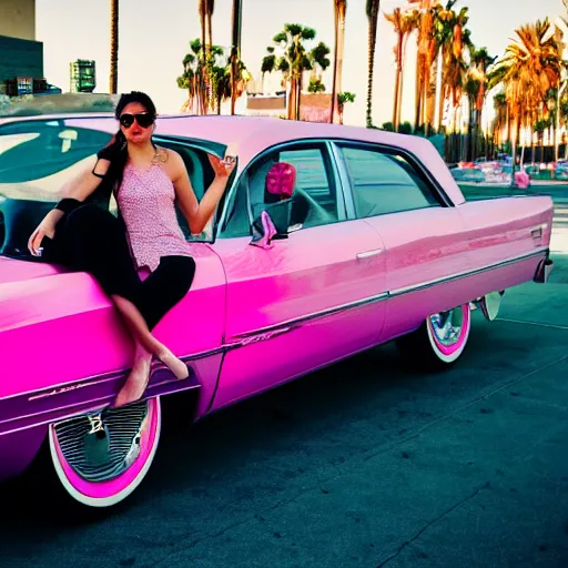 Image similar to Young woman in Los Angeles driving pink lowrider, high contrast, photo