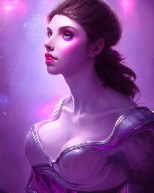 Image similar to Amouranth writing on herself, accurate details, detailed face, purple liquid in cup glowing, fantasy, dramatic, intricate, elegant, highly detailed, digital painting, artstation, concept art, smooth, sharp focus, illustration, art by Gustave Dore, octane render