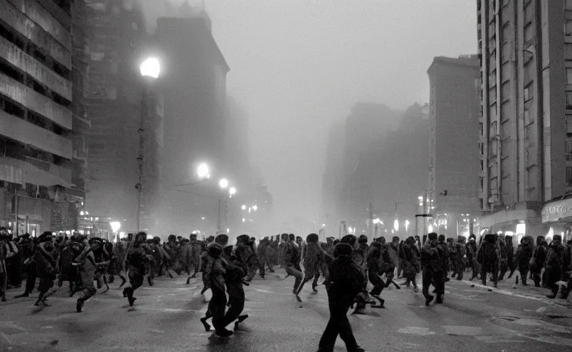 Image similar to 1990s movie still of a yougoslavian street with a large crowd fighting soviet soldiers, with stalinist style highrise, Cinestill 800t 35mm black and white, heavy grainy picture, very detailed, high quality, 4k panoramic, HD criterion, streetlight at night, foggy