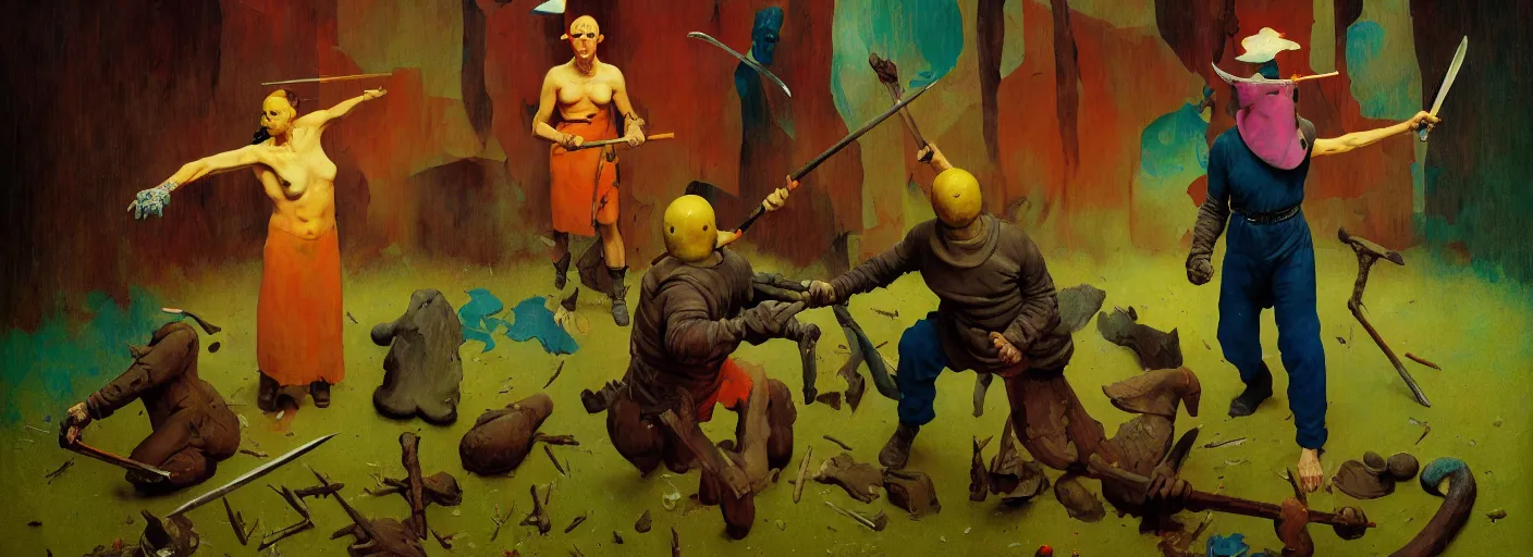 Image similar to full - body portrait surreal colorful clay fighting barbarian rpg character concept art anatomy, action pose, very coherent and colorful high contrast masterpiece by norman rockwell franz sedlacek hieronymus bosch dean ellis simon stalenhag rene magritte gediminas pranckevicius, dark shadows, sunny day, hard lighting, reference sheet white! background