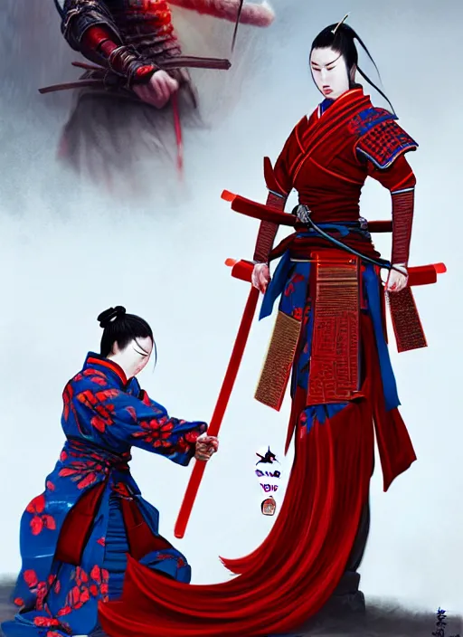 Image similar to establishing cinematic movie scene of a wrathful samurai warrior woman dressed in red holding a lotus flower killing street thugs dressed in blue garbs, cinematic scene!, intricate, elegant, highly detailed, lotus flower, artstation, concept art, smooth, sharp focus, wlop