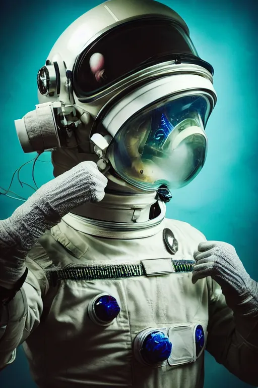 Prompt: extremely detailed studio portrait of space astronaut, alien tentacle protruding from eyes and mouth, slimy tentacle breaking through helmet visor, shattered visor, full body, soft light, plain studio background, disturbing, shocking realization, award winning photo by paola agosti