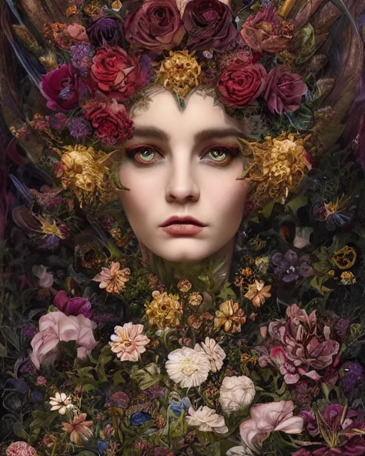 Image similar to portrait of the queen of the underworld, surrounded by flowers by karol bak, james jean, tom bagshaw, rococo, trending on artstation, cinematic lighting, hyper realism, octane render, 8 k, hyper detailed.