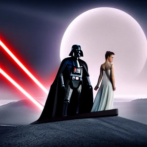 Prompt: darth vader and kristen stewart staying close together in front of, on the background star destroyer, romantic poster for the twillight movie high quality photorealistic