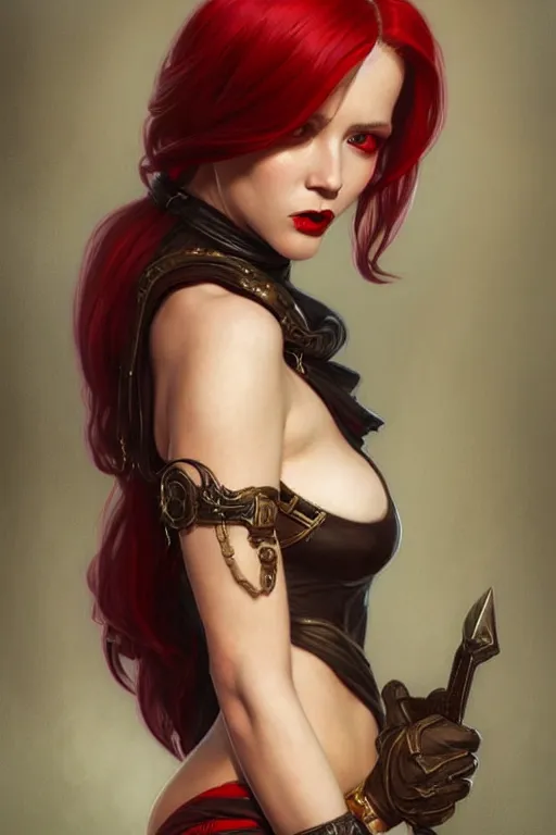 Image similar to Portrait of seductive female rogue, D&D, revealing stylish dress, choker on neck, long blonde or red hair, mouth slightly open, slight nerdy smile, fantasy, intricate, elegant, highly detailed, digital painting, artstation, concept art, smooth, sharp focus, illustration, art by artgerm and greg rutkowski and alphonse mucha