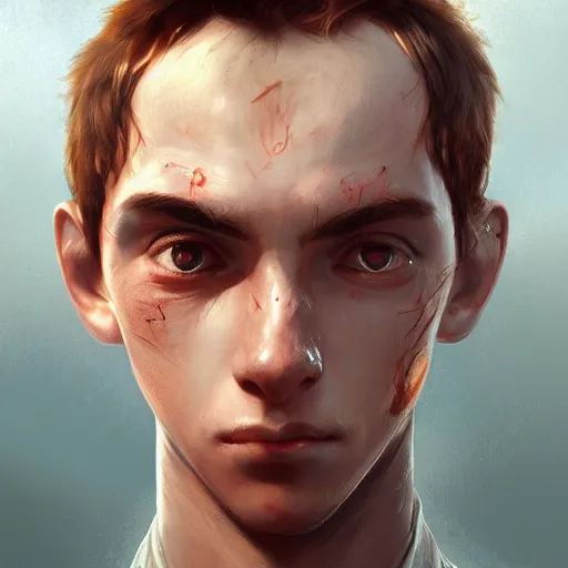 Image similar to A boy with a burn mark on his left eye, Graceful body structure,cute,Symmetrical face,highly detailed,elegant,Marc Simonetti and Caspar David Friedrich, Trending on artstation