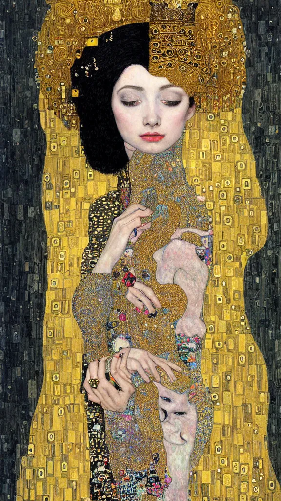 Image similar to a soft and breathtaking detailed painting of a beautiful black haired woman with pale skin and a crown on her head sitted on an intricate metal throne in the style of gustav klimt, blonde hair, shiny gold, elegant, highly detailed, artstation, fluo colors, concept art, matte, sharp focus, art by gustav klimt