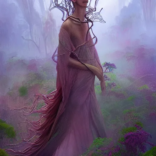 Prompt: beautiful banshee walks around Socotra among intertwining plants, flowers, trees and snags in a long transparent flowing dress and meets mystical animals, mystical insects, mystical birds, lizards, snakes, gorgeous, intricate, hypnotic dimensions, ruan jia, steve mccurry, Zdzislaw Beksinski style, sharp focus, intricate concept art, digital painting, ambient lighting, 4k, hdt, artstation trending on Gsociety, trending on ArtstationHQ, hyper quality, 16K