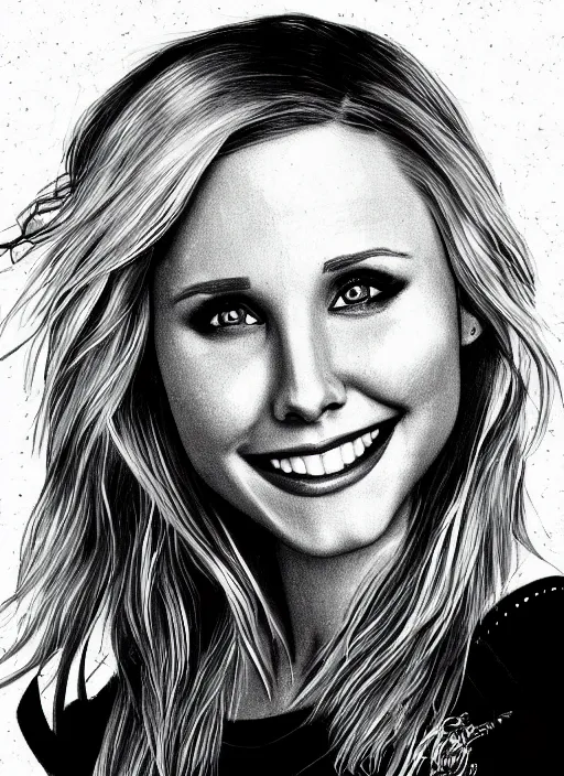 Image similar to portrait of kristen bell winking at the camera and biting her lips, intricate, elegant, highly detailed, photorealistic, trending on artstation, digital art