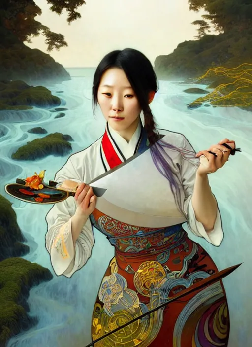 Image similar to stunning portrait of a south korean female chef holding magical kitchen knives, beautiful rivers of energy flowing in background, by peter mohrbacher and alphonse mucha and loish, 4 k, high resolution, intricate, hyperdetailed, photorealistic, artstation, smooth, sharp focus