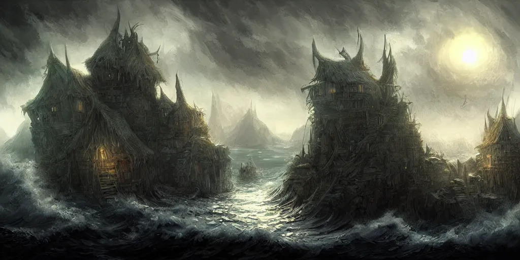 Prompt: village on top of the ocean, high fantasy, dark environment, elegant, highly detailed, digital painting