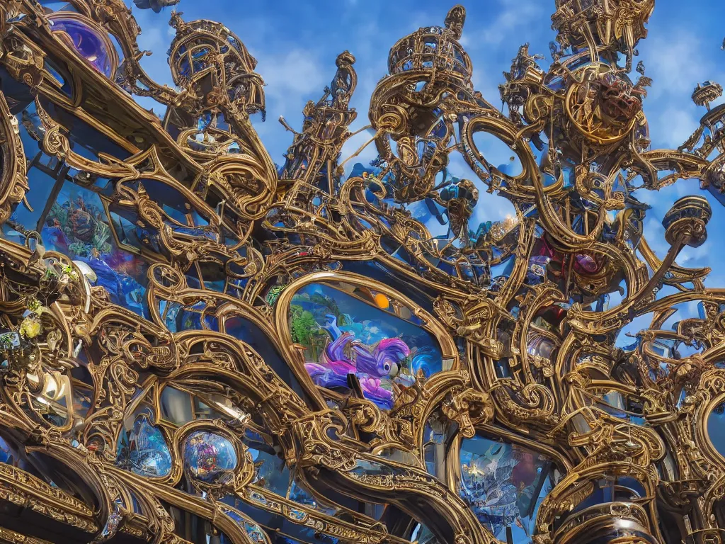 Prompt: a low angle of a busy elaborate ornate outdoor science museum, cinematic, shadows, 4 k, detailed, by zaha hadid and lisa frank and peter jackson and ridley scott and beeple and greg rutowski