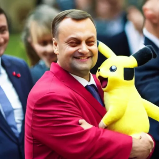 Prompt: Andrzej Duda hugging a Pikachu