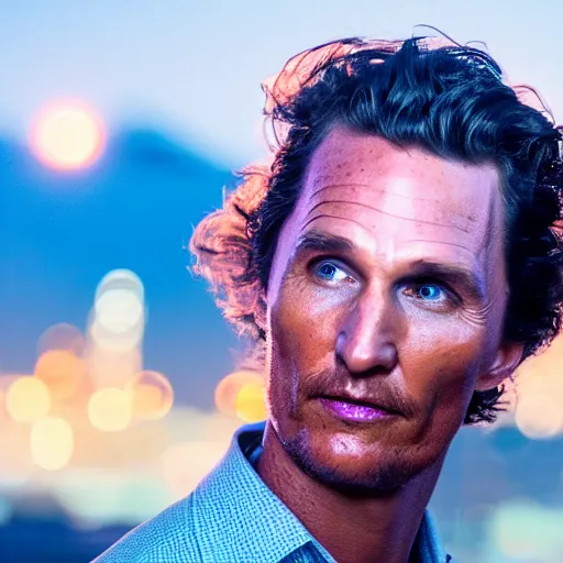 Image similar to a still of matthew mcconaughey . He's looking directly at the camera. HD. Shallow depth of field. City at night in background, lights, colors ,studio lighting, mood, 4K. Profession photography