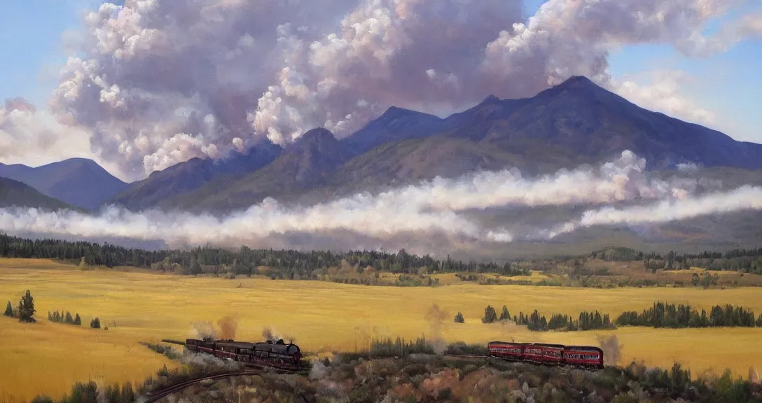 Image similar to a steam train in the distance, rocky mountains!, smoke in the distance!, beautiful, by norman wilson, oil painting, valley!