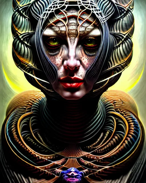 Image similar to single face portrait. complex hyper-maximalist overdetailed cinematic cosmic scifi portrait of an elegant very attractive but wild and dangerous humanoid reptilian goddess by andrei riabovitchev, tomasz alen kopera, oleksandra shchaslyva. Omnious intricate. Secessionist portrait illustration. Poison goddes. Slightly influenced by giger. Zerg human hybrid goddes. Unreal engine 5. Focus on face. Artstation. Deviantart. 8k 4k 64megapixel. Cosmic horror style. Rendered by binx.ly.