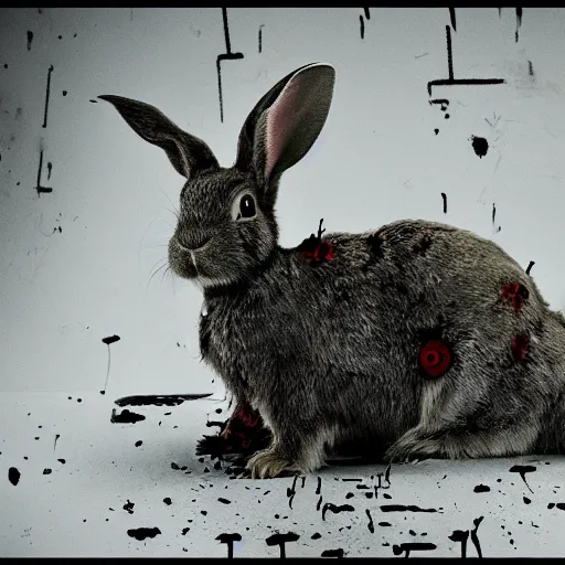 Image similar to a dark army decaying zombie rabbits infected with the T-virus, film still