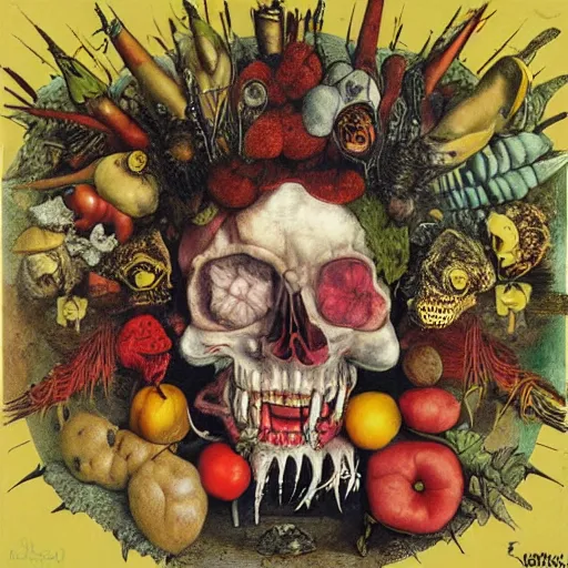 Image similar to punk album cover, blank horizontal banner on top, psychedelic, giuseppe arcimboldo