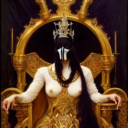 Image similar to full body portrait of black, masked queen in gold gothic robes sitting on a throne of bones, elegant, highly detailed painting by gaston bussiere, craig mullins, j. c. leyendecker, 8 k, mid shot