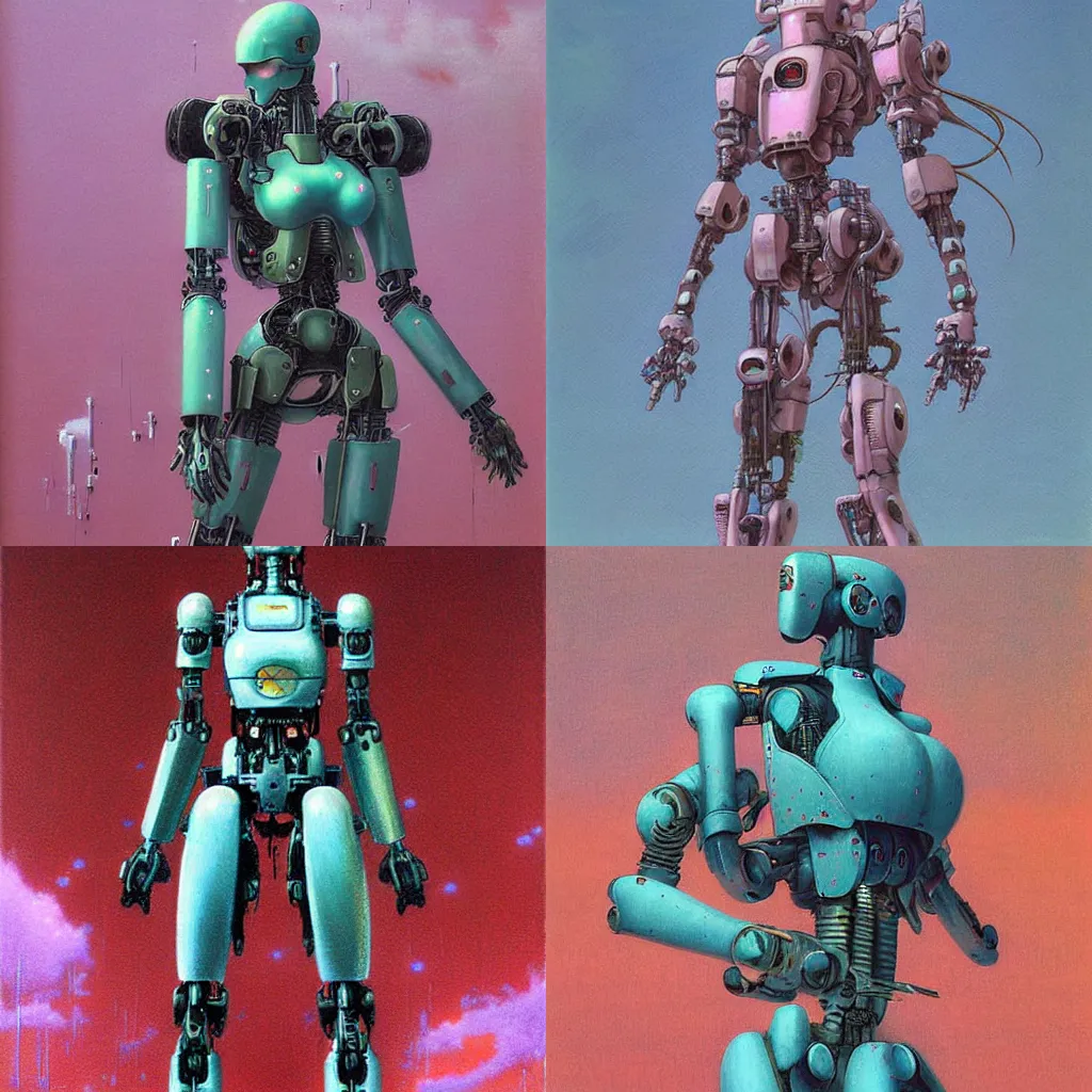 Prompt: pastel anime mecha robot girl painting by masamune shirow, zdislaw beksinski