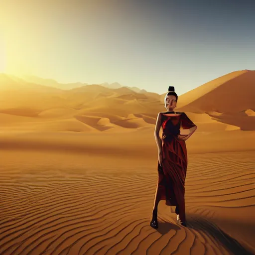 Prompt: innovative avant-garde art, deco fashion, asian women, highly detailed, photorealistic portrait, serene desert setting, golden hour, crisp quality and light reflections, unreal engine 5 quality render