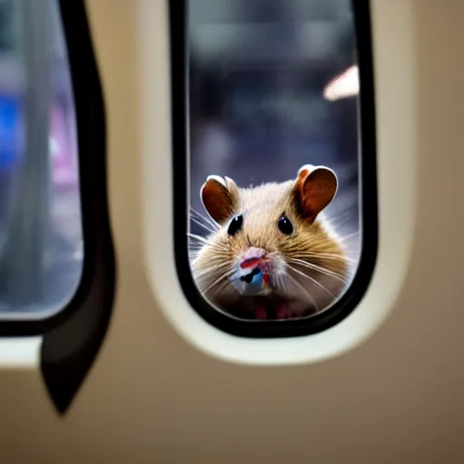 Image similar to photo of a hamster inside a metro train, looking out of a window, various poses, unedited, soft light, sharp focus, 8 k