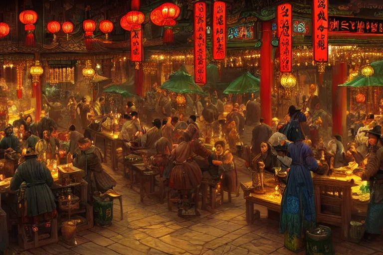 Image similar to fantasy art of a bustling tavern in china, at night, by james c christensen, highly detailed digital art, trending on artstation