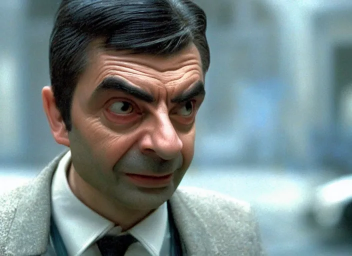 Image similar to hyper realistic, production still of mr. bean playing neo in matrix ( 1 9 9 9 ), 4 k, highly detailed, anamorphic