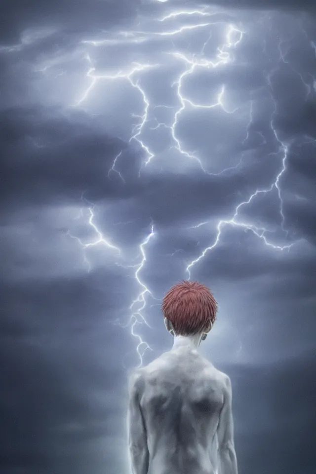 Prompt: killua zoldyck made by zdzisław beksinski, thunderstorm, lighting, blue, pose, 8 k, detailed, high quality, detailed face, 8 k