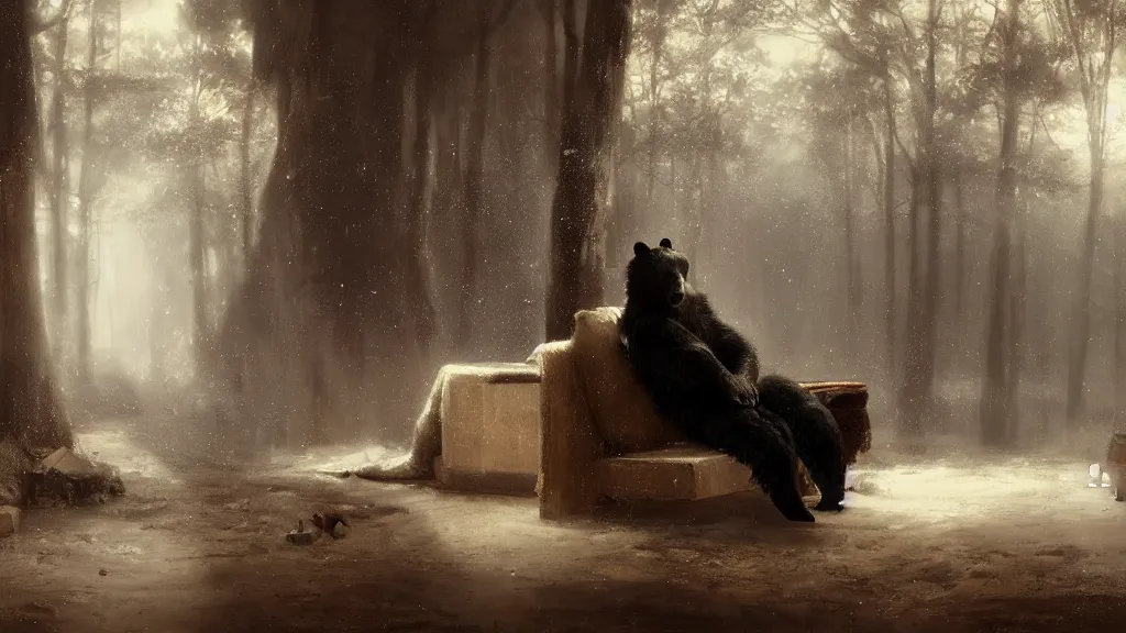 Image similar to bear gambler sitting alone in the melancholy club. andreas achenbach, artgerm, mikko lagerstedt, zack snyder, tokujin yoshioka