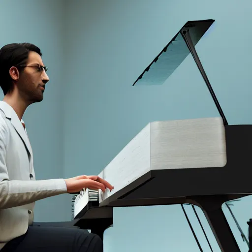 Image similar to a photorealistic photograph of a tall and handsome kidney transplant expert playing the piano. Trending on Artstation, featured on Behance, well-rendered, Unreal Engine, 4K HD