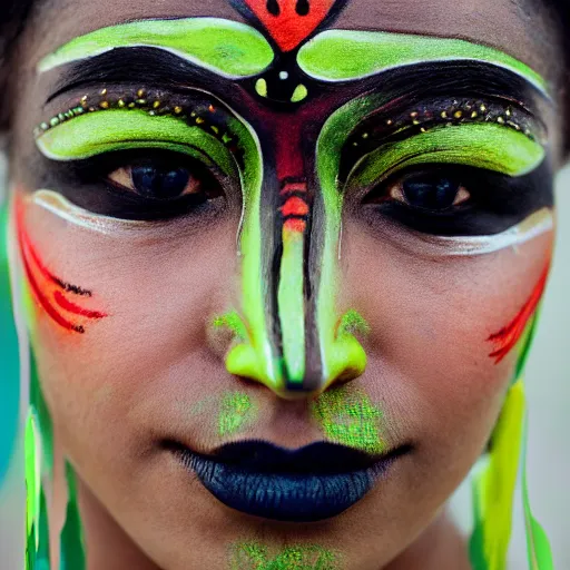 Image similar to minimalist photography portrait of an elaborately adorned female shaman warrior, face paint, symmetrical, super close up, mid thirties, cute round green slanted eyes, ebony skin, wide nostrils, chubby cheeks, high flat eyebrows, ethereal essence, angelic, leica 1 0 0 mm f 0. 8