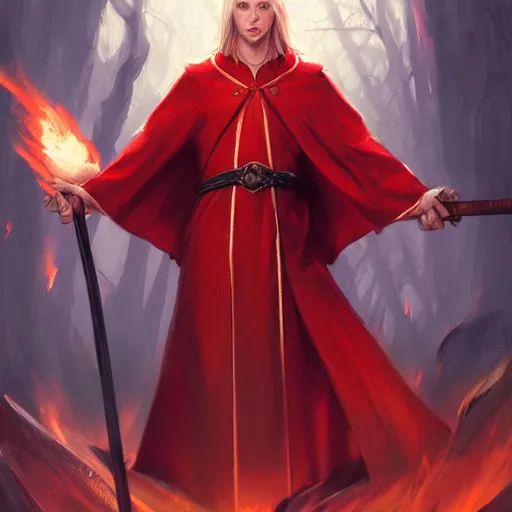 Prompt: middle adged blonde male elf wizard in red robes holding staff, surrounded by fire, epic wallpaper, high fantasy, trees, intricate detail, digital painting, artstation, concept art, smooth, sharp focus, illustration, art by greg rutkowski and wlop and raymond swanland and ross tran